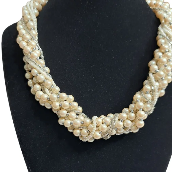 Women's 12 Layer Necklace Silver Tone Faux Pearls & Clear Beads 9.5 Inches - Picture 7 of 10